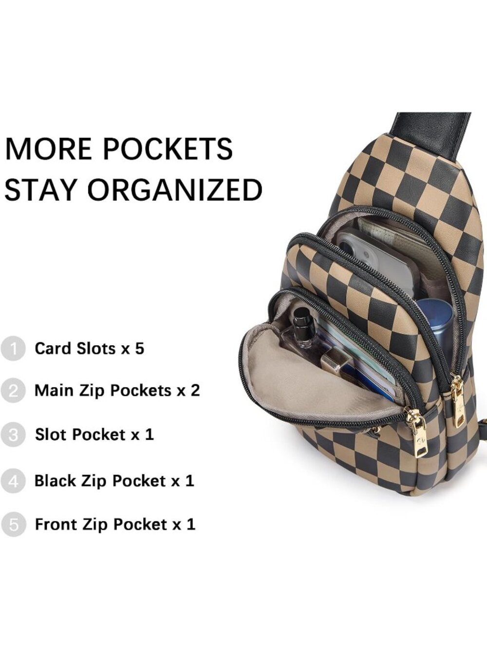 Women's Checkered Coffee Leather Sling Fanny Pack Chest Travel Purse Crossbody B - Picture 4 of 6